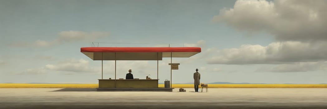 Two men at a bus stop in a field. AI generated