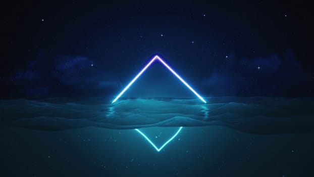 3d render neon rhombus floating in the water against the starry sky in 4k