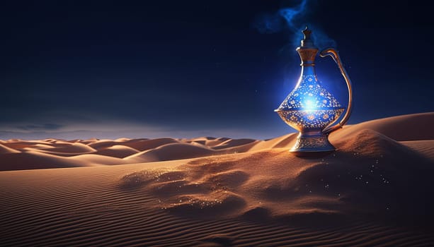 magic lamp with genie in the desert at night in 5k