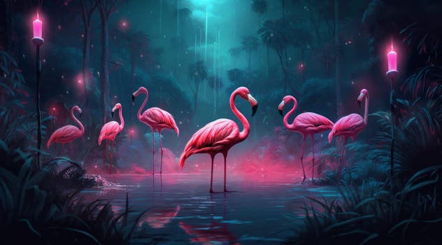 A flock of pink flamingos at night in the jungle in 4k