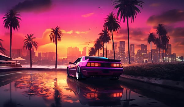 car at sunset against the backdrop of the city retro wave in the style of the 80s 4k