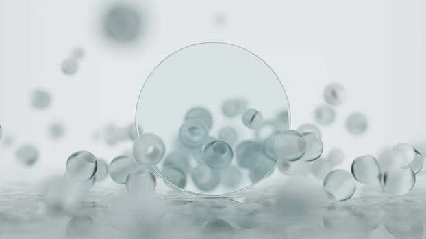 Background 3d abstraction from a group of layers of glass and plastic. Mockup on the topic of particle research, macro view with bokeh on balls, and with transparent glass. 3d rendering