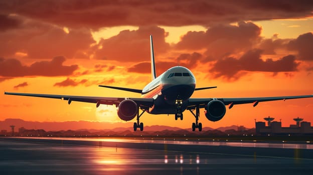 An airplane landing at the airport during summer sunset, transportation concept