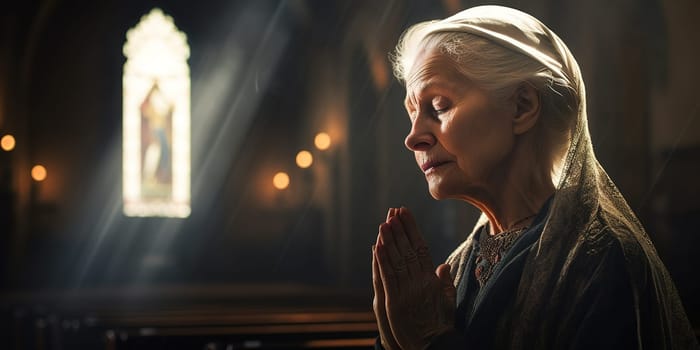 Praying grandmother in a church, religion concept