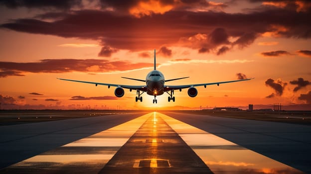 An airplane landing at the airport during summer sunset, transportation concept