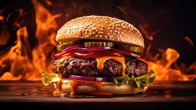 A beef burger with flames as background, food concept