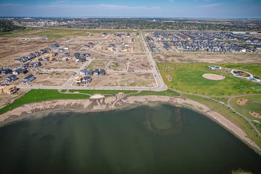 Aerial view of Brighton which is a neighbourhood in Saskatoon, Saskatchewan, and is the first of several communities planned for the Holmwood Suburban Development Area on the east side of the city.