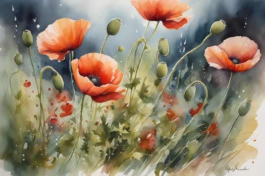 Wild poppies, wet watercolor art.