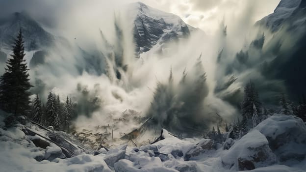 Huge snow avalanche, mass of snow, ice, and rocks falling rapidly down a mountainside, nature concept