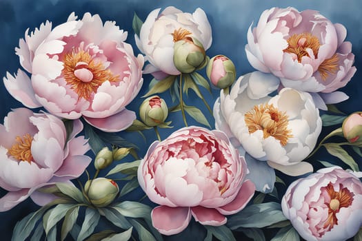 Watercolor peony flowers on blue background.