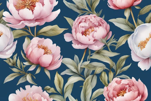 Watercolor peony flowers on blue background.