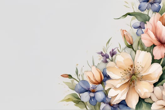 Watercolor spring flowers on beige background; copy space, wallpaper