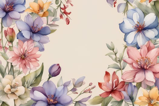 Watercolor spring flowers on beige background; copy space, wallpaper