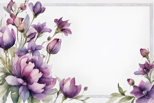 Framing purple flowers on white background with copy space; watercolor illustration