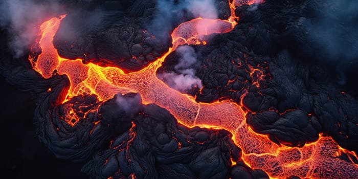 Aerial view to flowing lava from a volcano, amazing nature concept