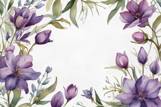 Framing purple flowers on white background with copy space; watercolor illustration