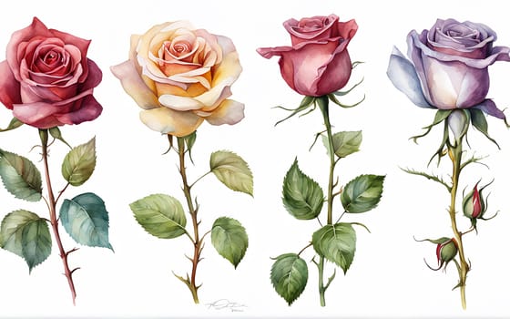 Set of four different colors roses on white background, watercolor illustration