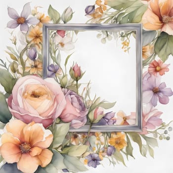 Framing flowers on white background with copy space, watercolor illustration