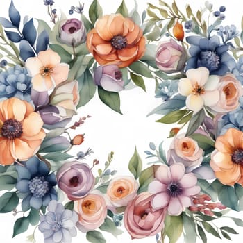 Watercolor flowers wreath in cold colors