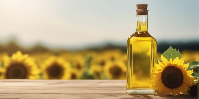 Transparent bottle of oil stands on a wooden table on of a field of sunflowers at background