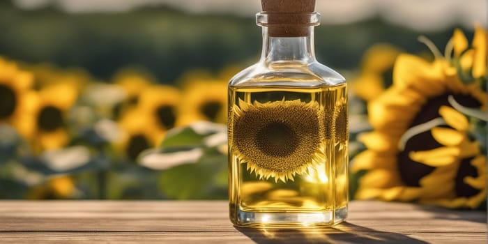 Transparent bottle of oil stands on a wooden table on of a field of sunflowers at background