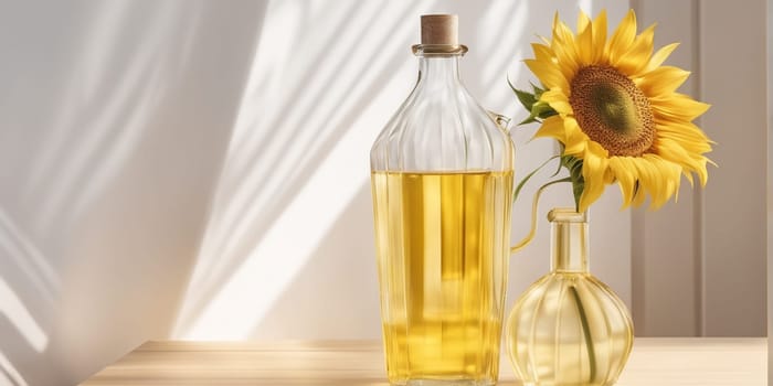 Bottle of sunflower oil in the white light kitchen with wooden facades and appliances