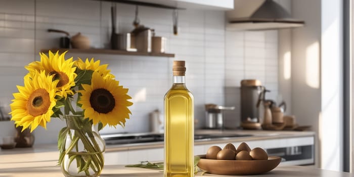 Bottle of sunflower oil in the white light kitchen with wooden facades and appliances