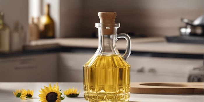 Bottle of sunflower oil in the white light kitchen with wooden facades and appliances