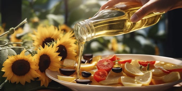 Transparent bottle of oil stands on a wooden table on of a field of sunflowers at background