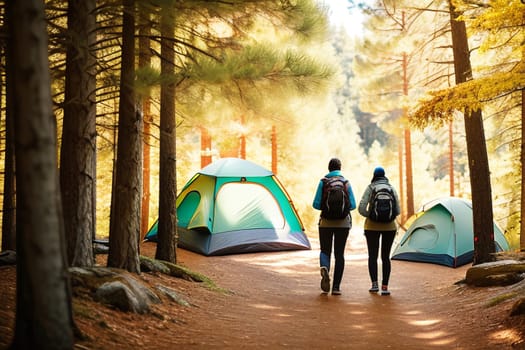 tourists with backpacks walking through the autumn pine forest, rear view. camping tent during the day in the autumn forest. a banner with a place to copy