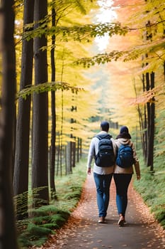 Tourists with backpacks walking through the autumn forest, view from the back.