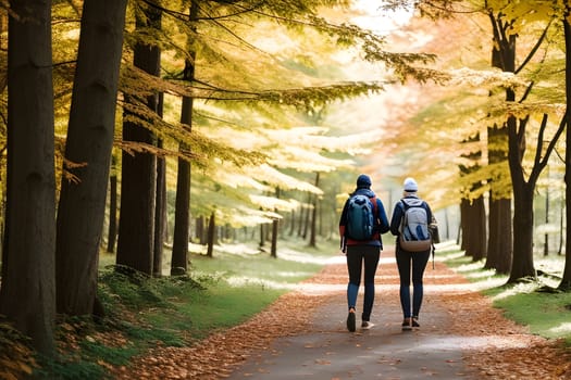 Tourists with backpacks walking through the autumn forest, view from the back.