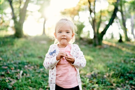 Little smiling girl stands on a green lawn in the forest. High quality photo