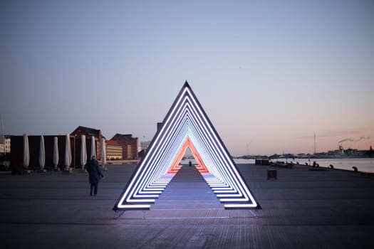 Copenhagen, Denmark - February 05, 2020: Art installation The Wave on Ofelia Square by artists Vertigo and Louise Alenius for the Copenhagen Light Festival