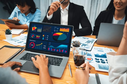 Financial data analysis dashboard by Fintech BI or business intelligence display on laptop screen to in-depth financial data analysis by business people working on business marketing. Habiliment