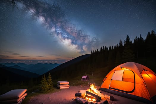 Camping tent high in the mountains at sunset.