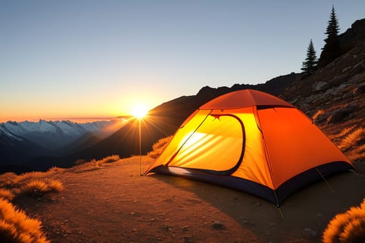 Camping tent high in the mountains at sunset.