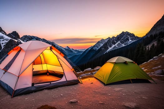 Camping tent high in the mountains at sunset.