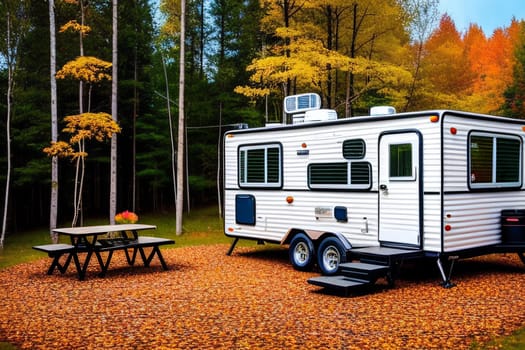 The trailer of the mobile home is camping in the fall, the concept of a family trip around the native country in a camper van or camper van and camping life