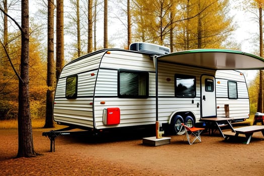 The trailer of the mobile home is camping in the fall, the concept of a family trip around the native country in a camper van or camper van and camping life