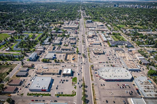 Aerial View of 8th Street East which is a main arterial road serving the city of Saskatoon, Saskatchewan. It begins as a continuation of a minor residential street at Lorne Avenue in Saskatoon, and runs through the eastern part of city, eventually exiting the city limits as a country road.
