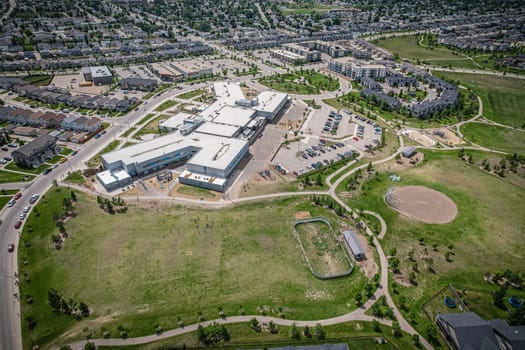 Aerial view of Hampton Village which is the first suburb designed on Saskatoon's west side to be modelled after the village concept.