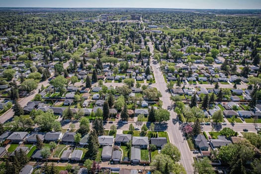 Aerial view of Adelaide Churchill which is a mostly residential neighborhood located in Saskatoon, Saskatchewan, Canada. It is a suburban subdivision, consisting mostly of single detached dwellings.