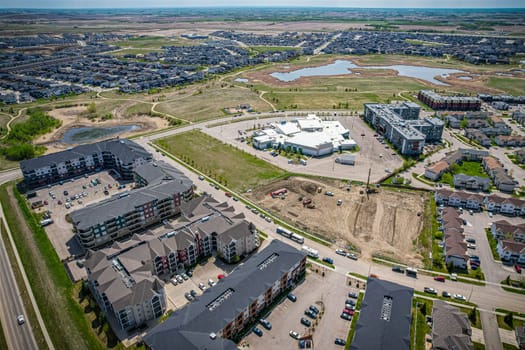 Aerial view of Briarwood which is a residential neighbourhood located in the southeast part of Saskatoon, Saskatchewan, Canada. The majority of its residents live in low-density, single detached dwellings.