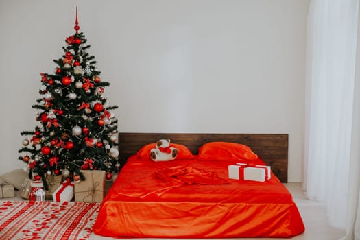 new year Christmas white room with red decoration Christmas tree 2018 2019