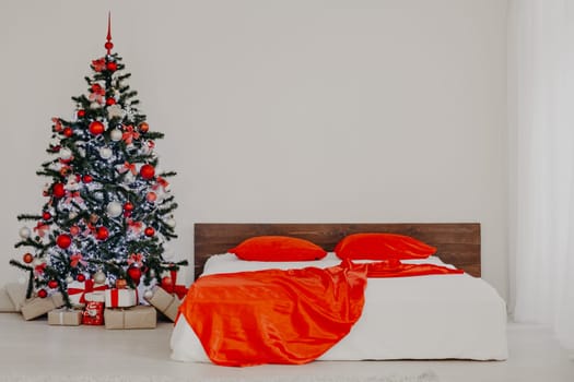 decor white bedroom with Christmas tree Christmas gifts Red 1