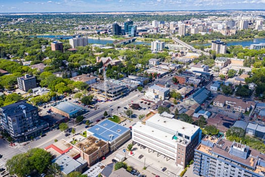 Captured from above, this drone image presents Broadway Avenue in Saskatoon in all its glory. Experience the bustling streets, unique urban charm, and vibrant community life from a spectacular aerial perspective.