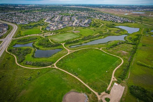 Aerial view of Briarwood which is a residential neighbourhood located in the southeast part of Saskatoon, Saskatchewan, Canada. The majority of its residents live in low-density, single detached dwellings.
