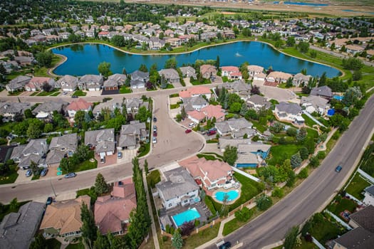 Aerial view of Briarwood which is a residential neighbourhood located in the southeast part of Saskatoon, Saskatchewan, Canada. The majority of its residents live in low-density, single detached dwellings.