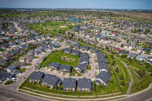 Aerial view of Briarwood which is a residential neighbourhood located in the southeast part of Saskatoon, Saskatchewan, Canada. The majority of its residents live in low-density, single detached dwellings.